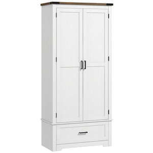 Country style pantry cabinet with 2 doors, drawer and adjustable shelves, white