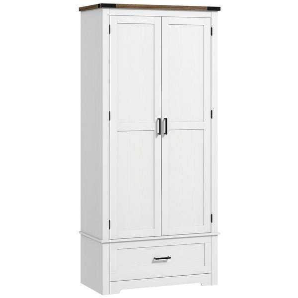Country style pantry cabinet with 2 doors, drawer and adjustable shelves, white