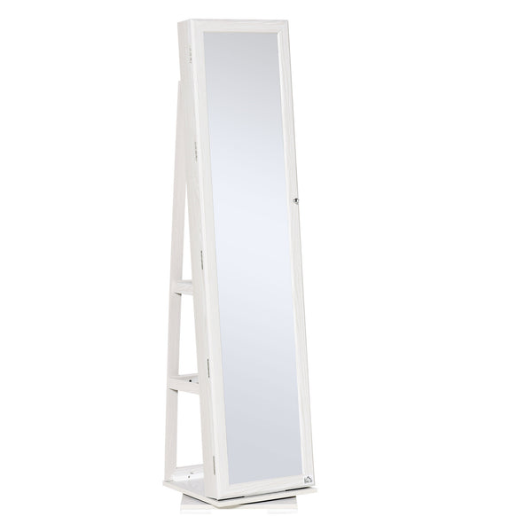 360° Rotating Jewelry Cabinet, Lockable, with Built-in Mirror, White