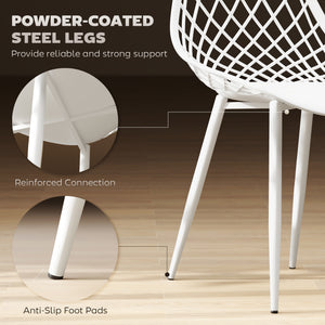 Set of 4 modern plastic dining chairs with hollow back and metal legs, white