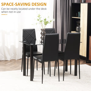 Table and chair set for 4 people, glass table, padded seat and steel frame