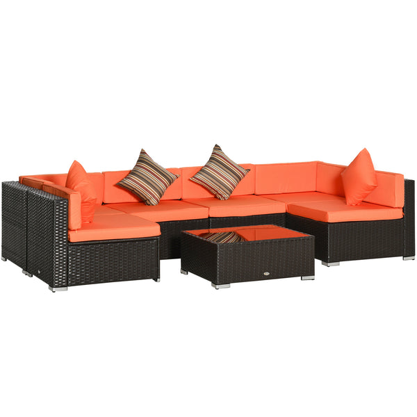 Modular 7-piece garden set in woven resin with coffee table, orange