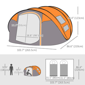 4 Person Camping Tent, Easy to Set Up with Doors, Windows and Carry Bag, Self-Setting, Orange