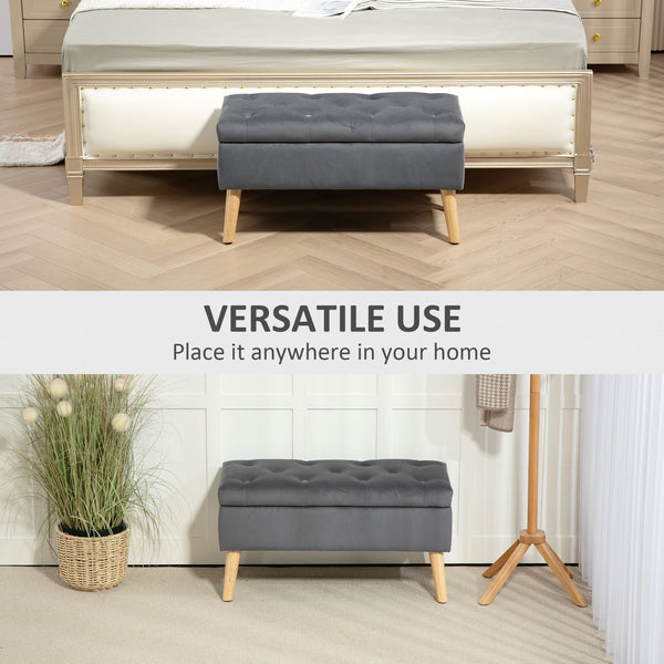 Storage ottoman with velvet upholstered lid and wooden legs, anthracite grey