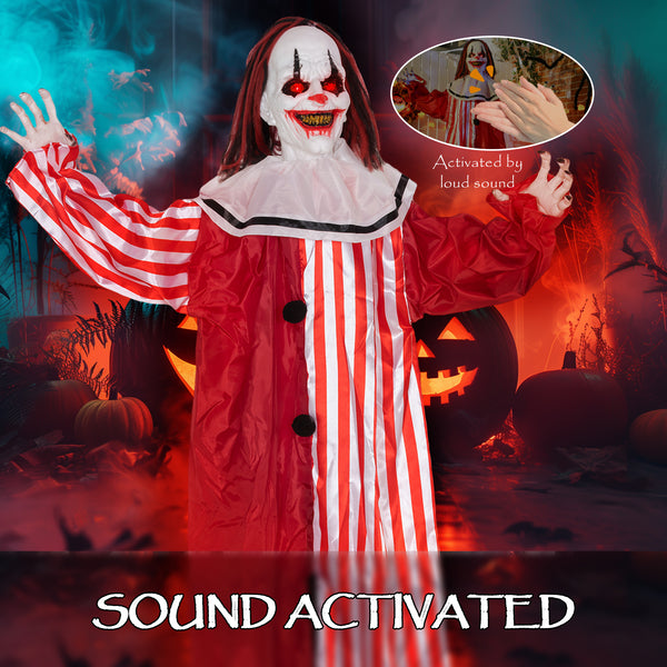 Life-size animated clown for Halloween, red light-up eyes, sound activated, battery operated