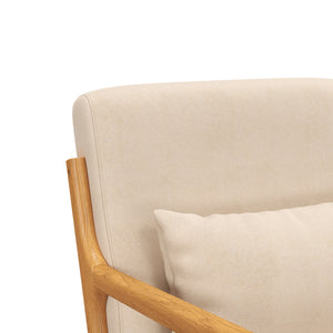 Fabric lounge chair with wooden legs and thick padding, beige