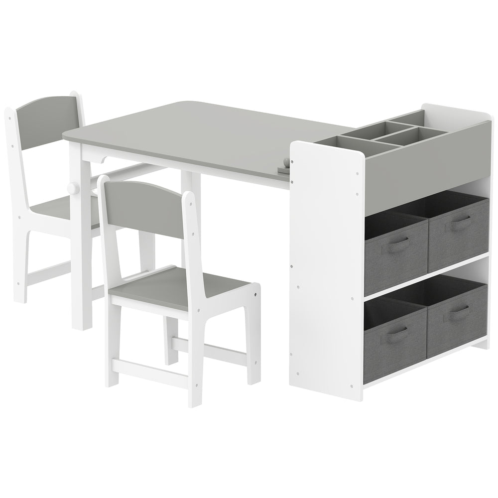 Children's Table and Chair Set with Storage Shelves and Drawers, Grey