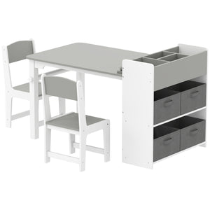 Children's Table and Chair Set with Storage Shelves and Drawers, Grey