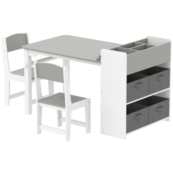Children's Table and Chair Set with Storage Shelves and Drawers, Grey