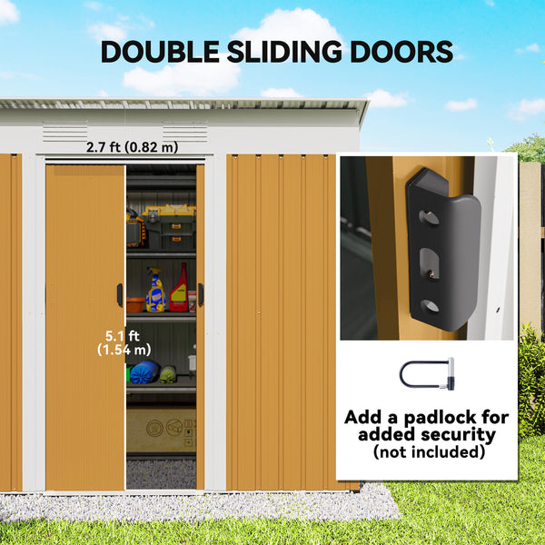 Metal garden shed with lockable sliding doors and ventilation, yellow