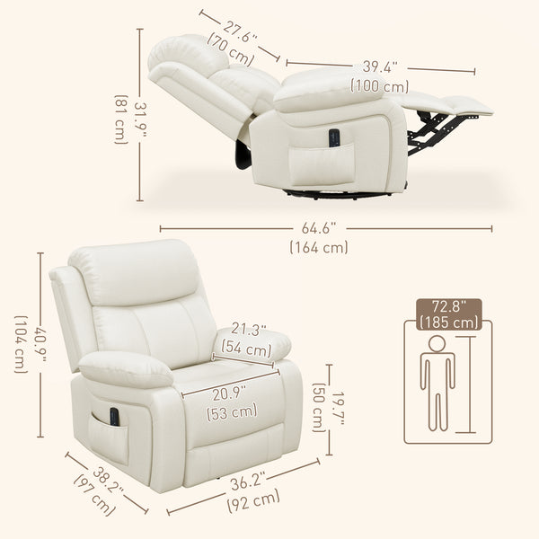Faux Leather Recliner Chair with Vibration Massage, Cream White