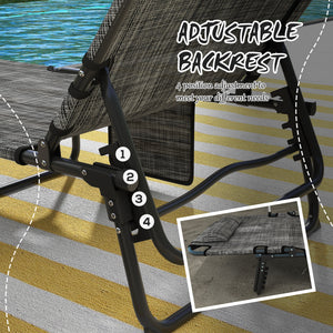 Set of 2 Folding Sun Loungers, Adjustable Backrest, Sun Lounger with Cushion, Side Pocket, Headrest, Grey