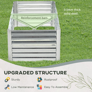 Galvanized raised planter with reinforced stakes, silver