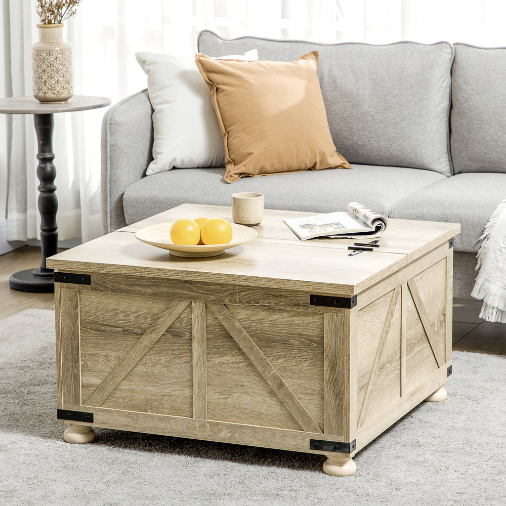 Farmhouse style square coffee table with hinged lids, oak