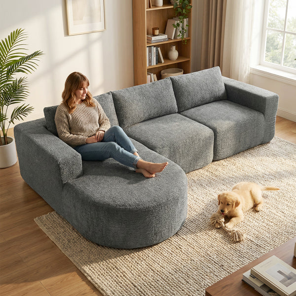Modular corner sofa without frame, with chaise longue and deep seat, dark grey 