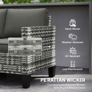 Two-seater outdoor rattan sofa with cushions and armrests, dark grey