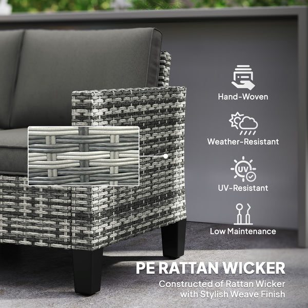Two-seater outdoor rattan sofa with cushions and armrests, dark grey