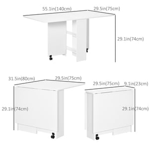 Extendable dining table with 2-tier shelves and casters, white