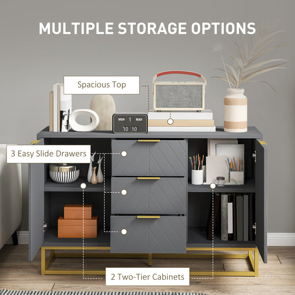 Storage sideboard with 3 drawers, adjustable shelves and doors, gray