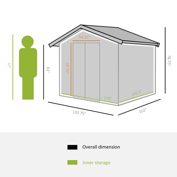 Garden shed with 4 ventilation slots and double sliding door, grey