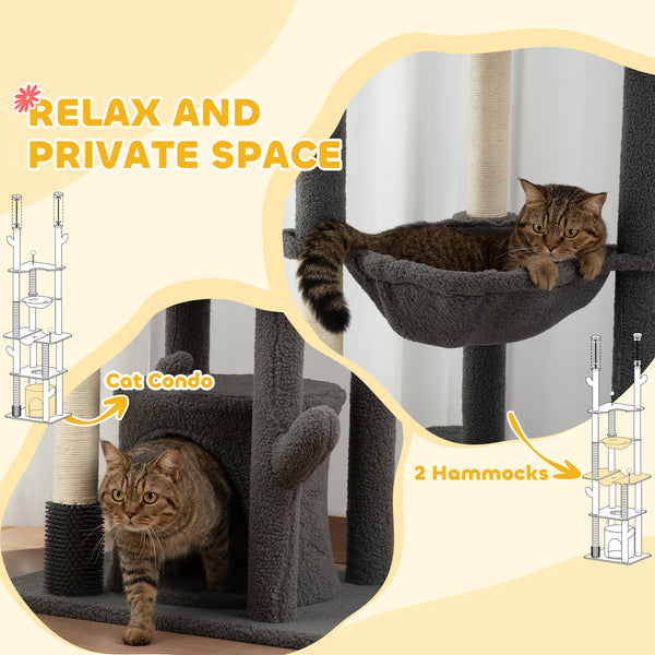 Cat tree 226-254 cm, ceiling height with scratching posts, grooming brush and niche, gray