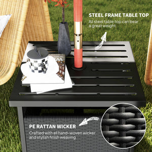 Outdoor coffee table in woven rattan with a hole for a parasol, black