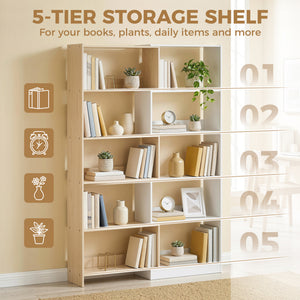5-tier L-shaped bookcase with 350° rotation, two-tone design, fruitwood/white