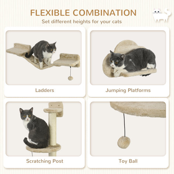 Wall-mounted cat tree with scratching post, ladder, perches and cloud-shaped shelves, beige