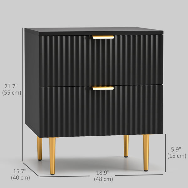 Modern bedside table with 2 fluted drawers and gold handles – Black