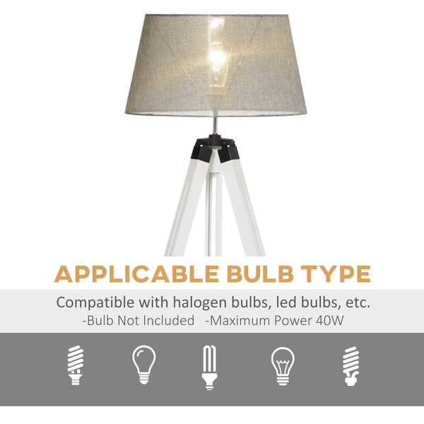 Adjustable height wooden tripod floor lamp, white and grey