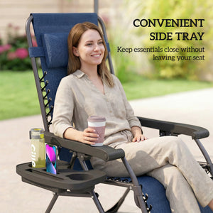Set of 2 Zero Gravity Outdoor Lounge Chairs, Folding and Reclining, with Cup Holder and Headrest, Dark Blue