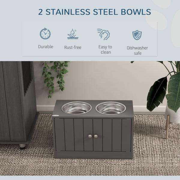 Elevated dog bowls with stand and storage, grey