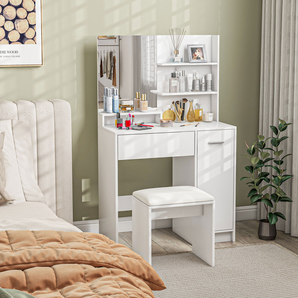 Dressing table with mirror and stool, storage drawer, white
