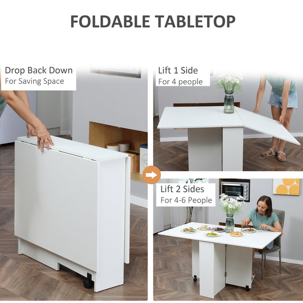 Extendable dining table with 2-tier shelves and casters, white