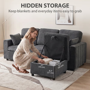 Modular sectional sleeper sofa with reversible storage ottoman with spring cushion, dark grey