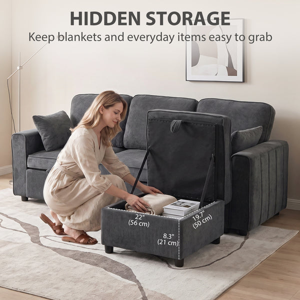 Modular sectional sleeper sofa with reversible storage ottoman with spring cushion, dark grey
