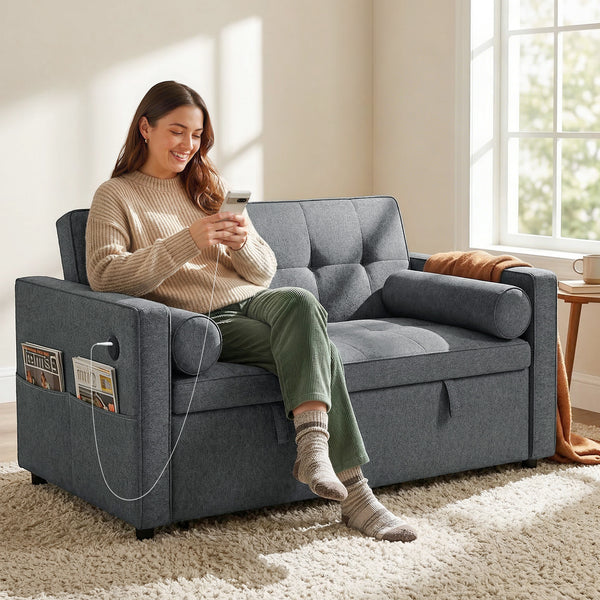 Dark grey two-seater linen trundle sofa bed with USB ports