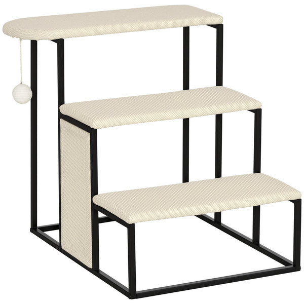 20" 3 Steps Cat Stairs, Carpeted Ladder Ramp, Pet Steps with Scratching Board and Hanging Ball for Small Cats, Steel Frame, Cream White