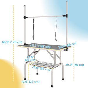 Adjustable Pet Grooming Table with 2 Safety Straps and Storage Basket, Gray