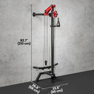 Wall-mounted pulley station adjustable to 16 positions, compatible with Olympic plates – Black and red
