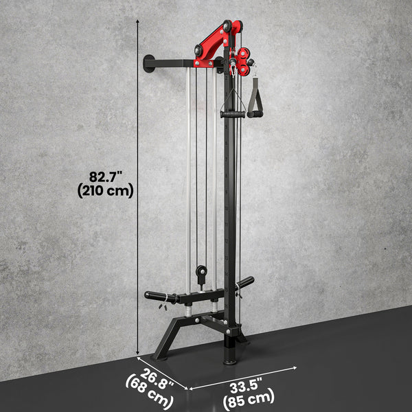 Wall-mounted pulley station adjustable to 16 positions, compatible with Olympic plates – Black and red