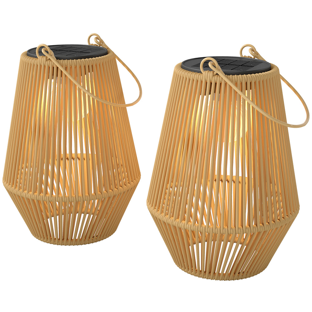 2-Pack Waterproof Solar Wicker Lanterns, Hanging Outdoor Lanterns with Auto On/Off and Handles, Brown
