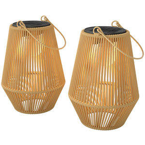 2-Pack Waterproof Solar Wicker Lanterns, Hanging Outdoor Lanterns with Auto On/Off and Handles, Brown