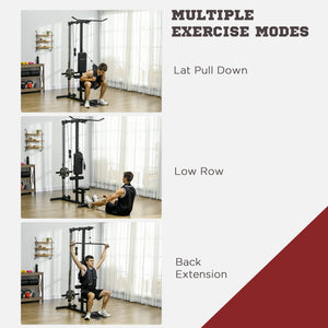 Vertical traction machine, high/low pulley with adjustable seat and retractable footrest, black