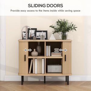 Nordic sideboard with tambour doors and metal legs, oak