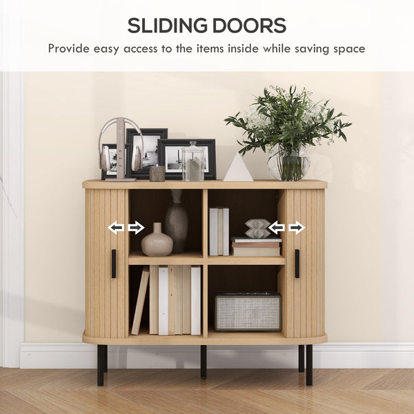 Nordic sideboard with tambour doors and metal legs, oak