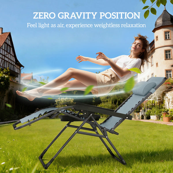 Set of 2 Zero Gravity Outdoor Lounge Chairs, Folding and Reclining, with Cup Holder and Headrest, Light Grey
