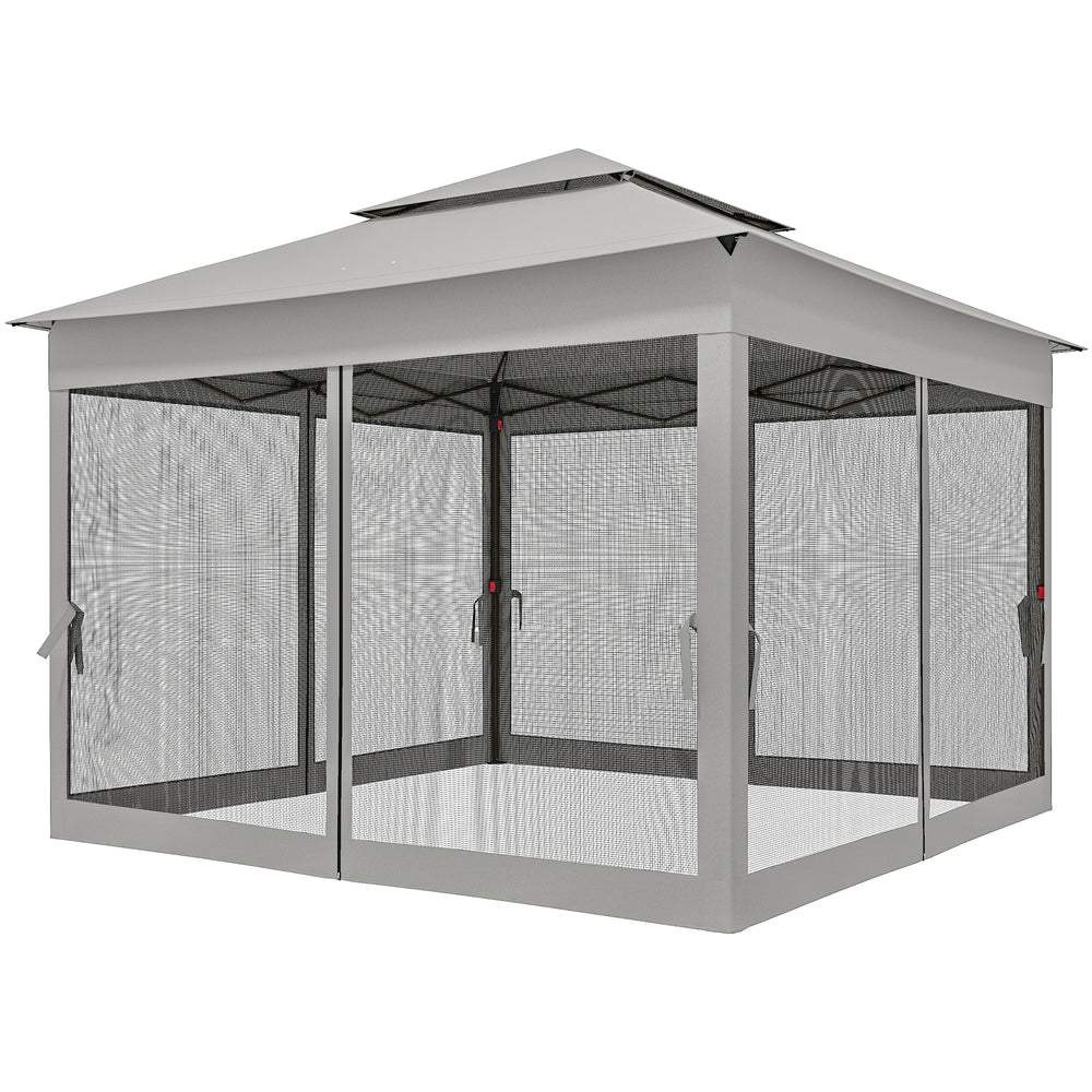 11' x 11' Pop Up Canopy 2-Tier Soft Top Shelter Event Tent w/ Netting Carry Bag for Patio Backyard Garden, Light Grey