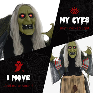 63" Animated Halloween Hunchbacked Witch with Red LED Eyes, Sounds and Movements – Gray and Black