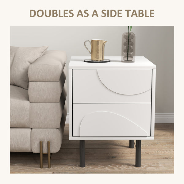 Set of 2 modern bedside tables with push-open drawers and steel legs, white
